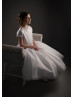 Beaded Cap Sleeves Ivory Satin Glitter Tulle Flower Girl Dress